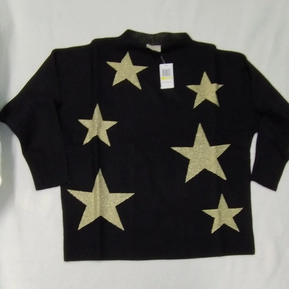 Sioni Black Sweater Gold Star Print‎ Pullover Top Size Medium NWT